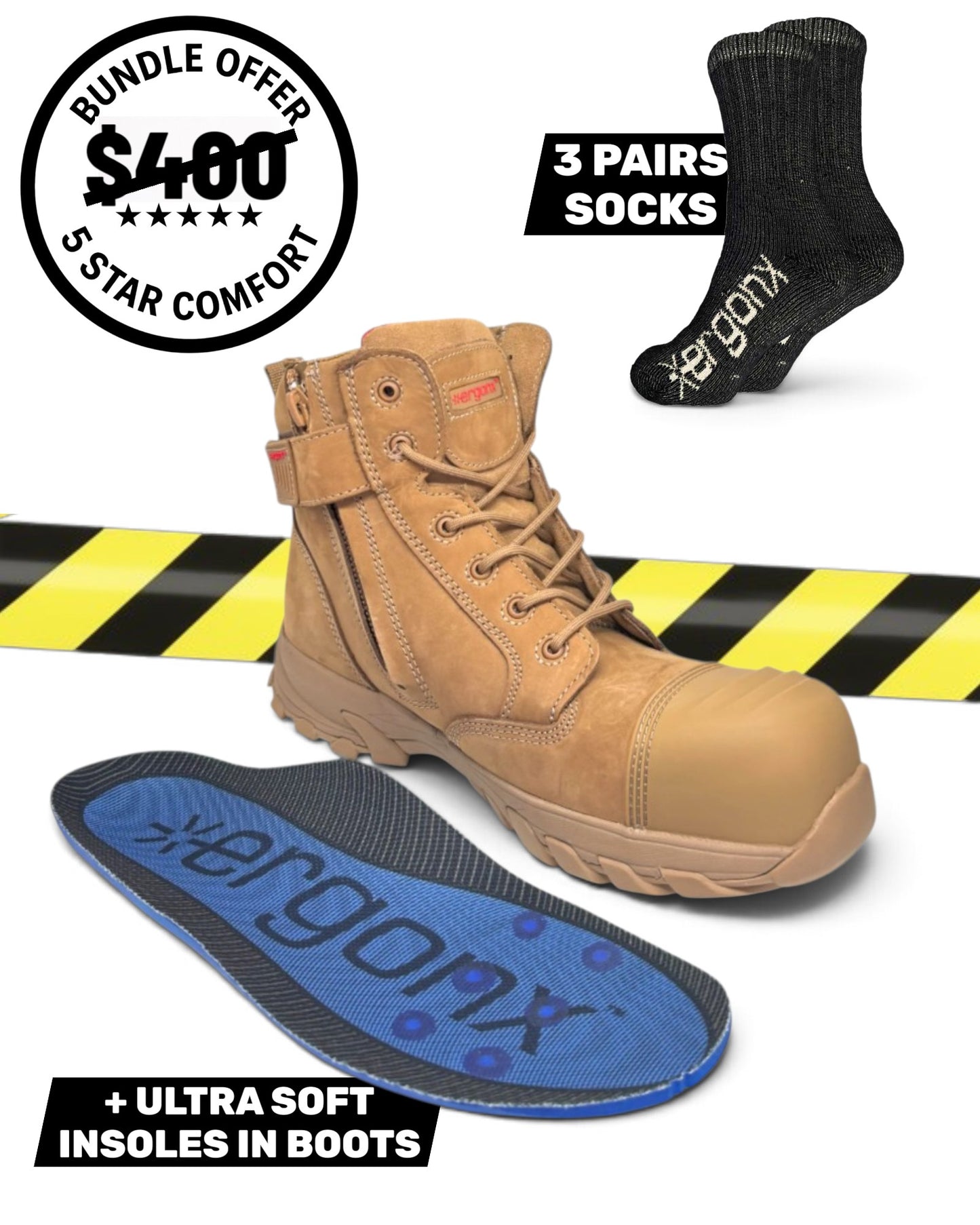 Comfort Bundle - All Tan Lace Up + 3 Pairs of Socks