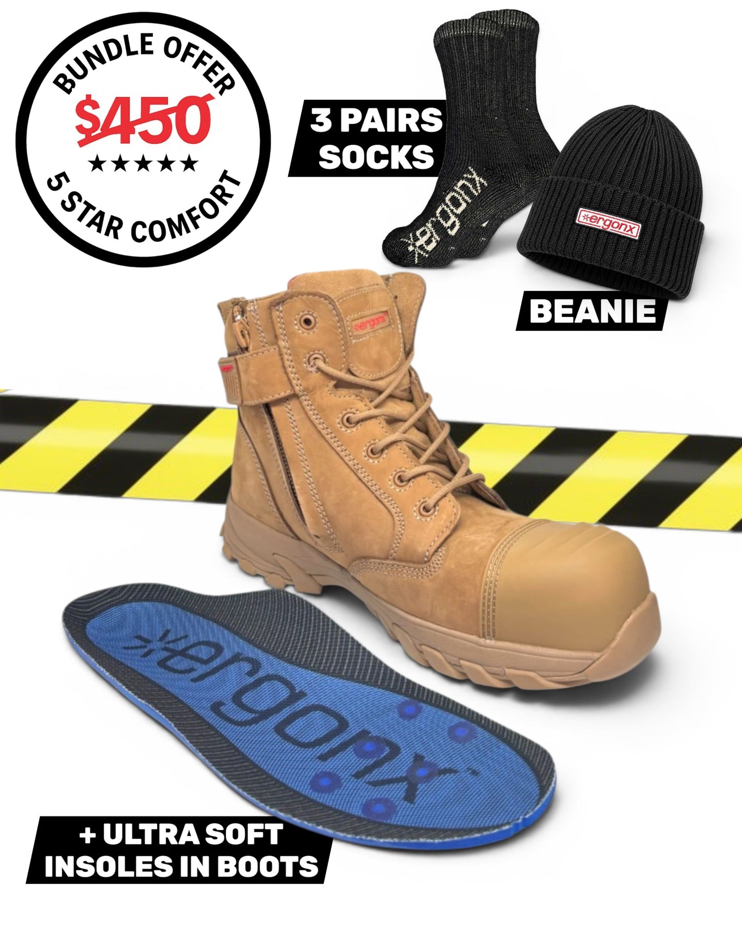 Comfort Bundle - All Tan Lace Up + 3 pairs socks + Beanie