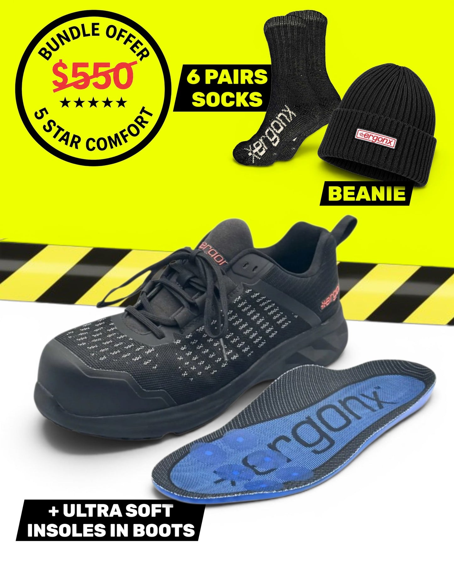 Ergonx Lithium Black Safety Shoe + 6 Socks + Beanie Bundle