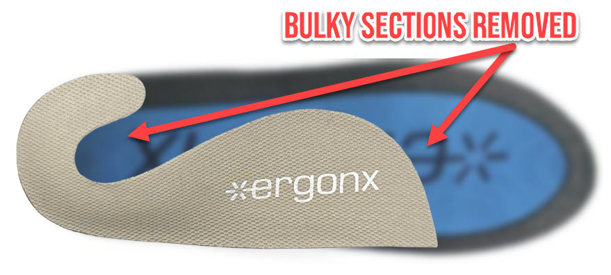 The cut away sections in the ergonx slimline range orthotic help it to fit into boots and almost any shoe. This leaves lots of room in the forefoot