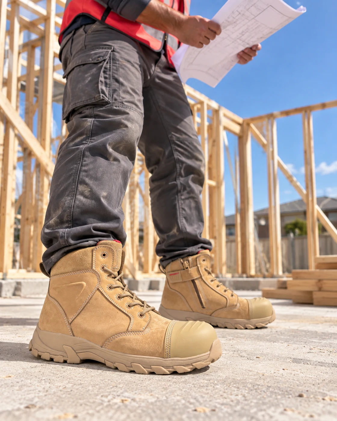 Construction worker wearing Helium All Tan during site walks and carrying