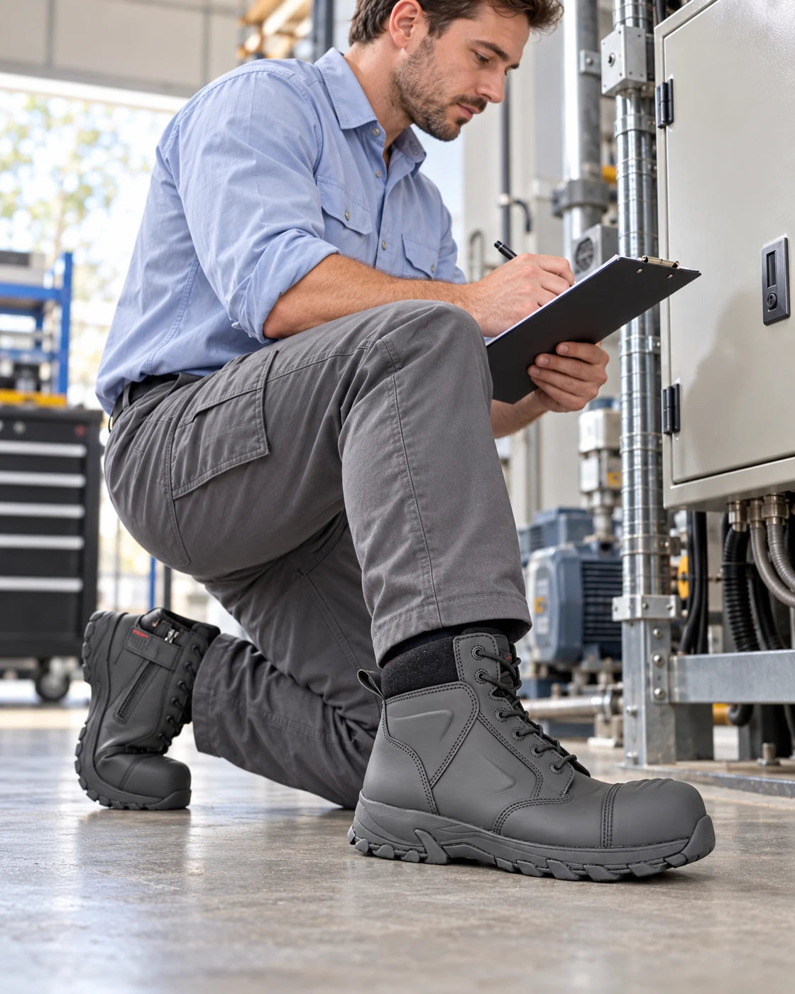 Maintenance Technicians worker wearing Helium Black during inspection rounds and kneeling
