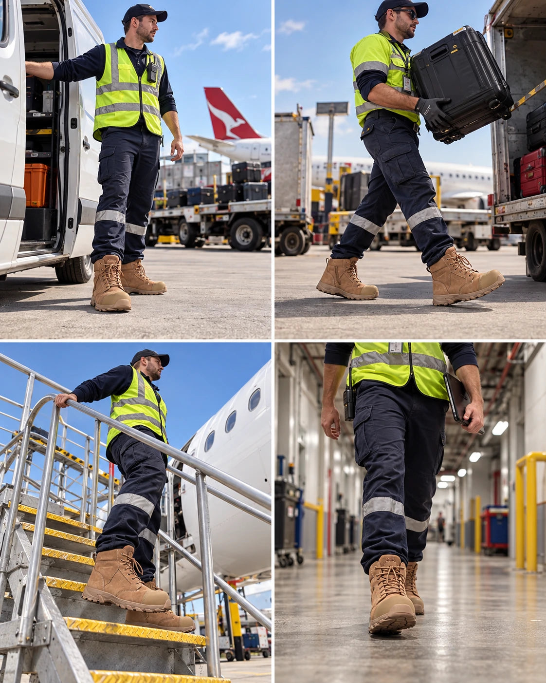 Airport aviation service work worker carrying luggage cartons at depot, wearing Ergonx Helium All Tan boots