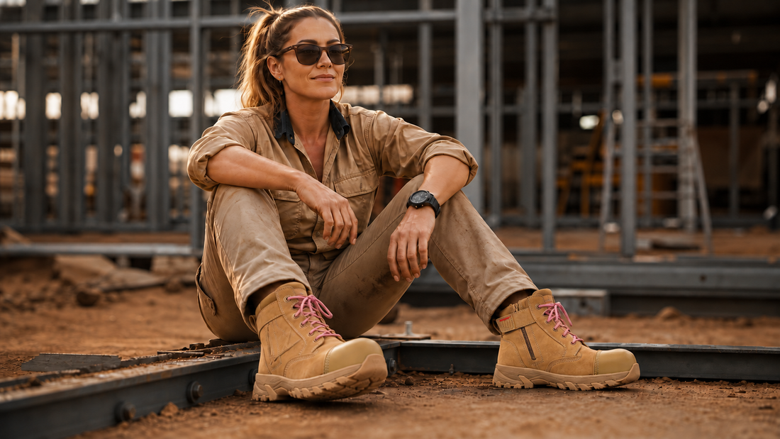 Woman wearing ladies ErgonX Helium All-Tan work boots with inside ankle zips