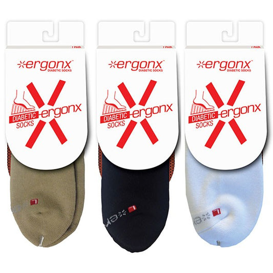 ErgonX quarter-crew diabetic socks in beige, black and white