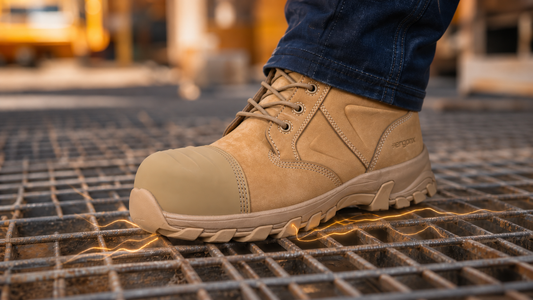 ErgonX Helium All-Tan safety boots with accurate inside zipper and outer panel construction