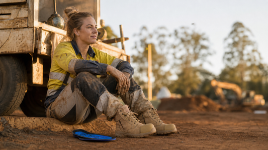 Woman tradie resting comfortably in tan ErgonX safety boots