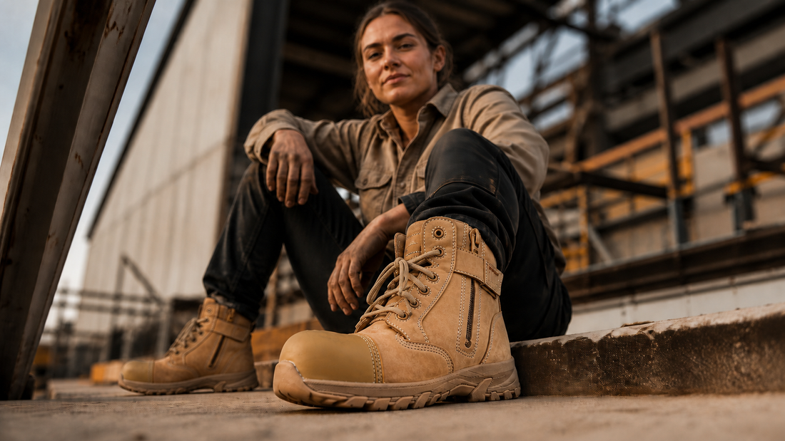 Woman tradie wearing women-specific tan safety boots on site