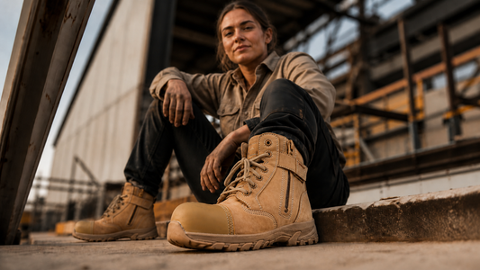 Woman tradie wearing women-specific tan safety boots on site