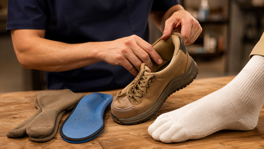 Podiatrist checking supportive footwear beside diabetic socks and an insole