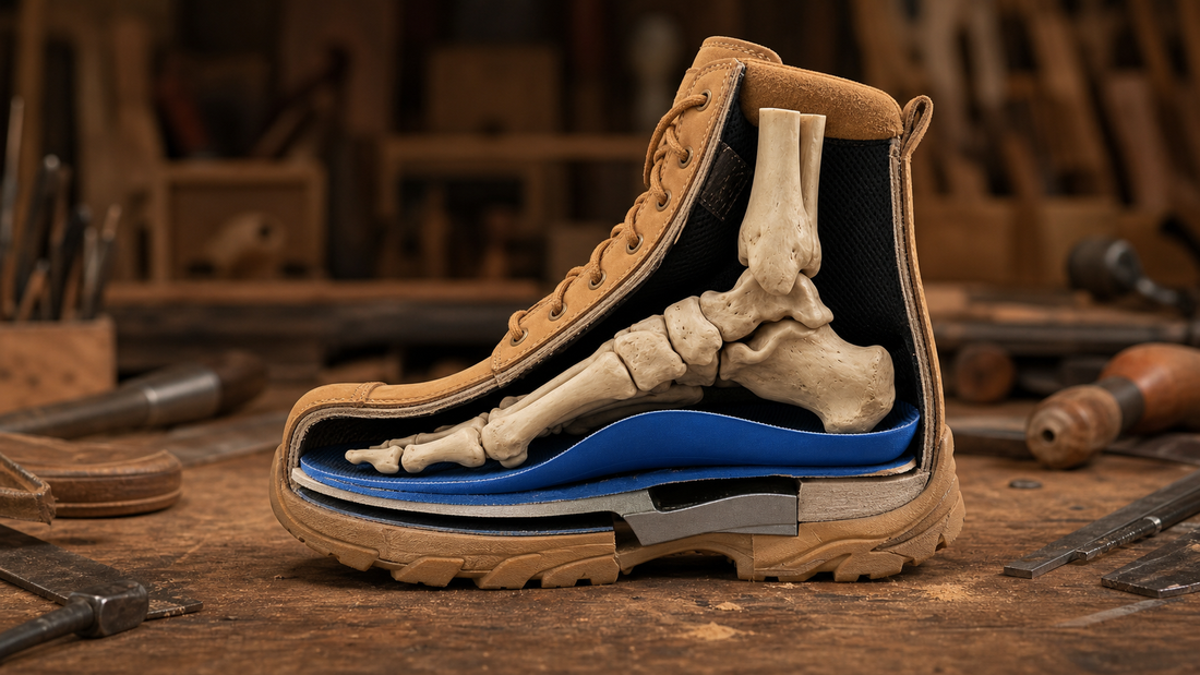 Cutaway work boot showing foot bones, blue orthotic and internal layers