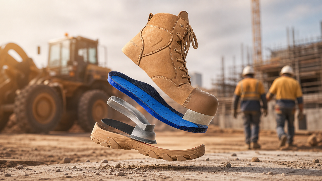 Exploded safety boot showing its orthotic and stability layers