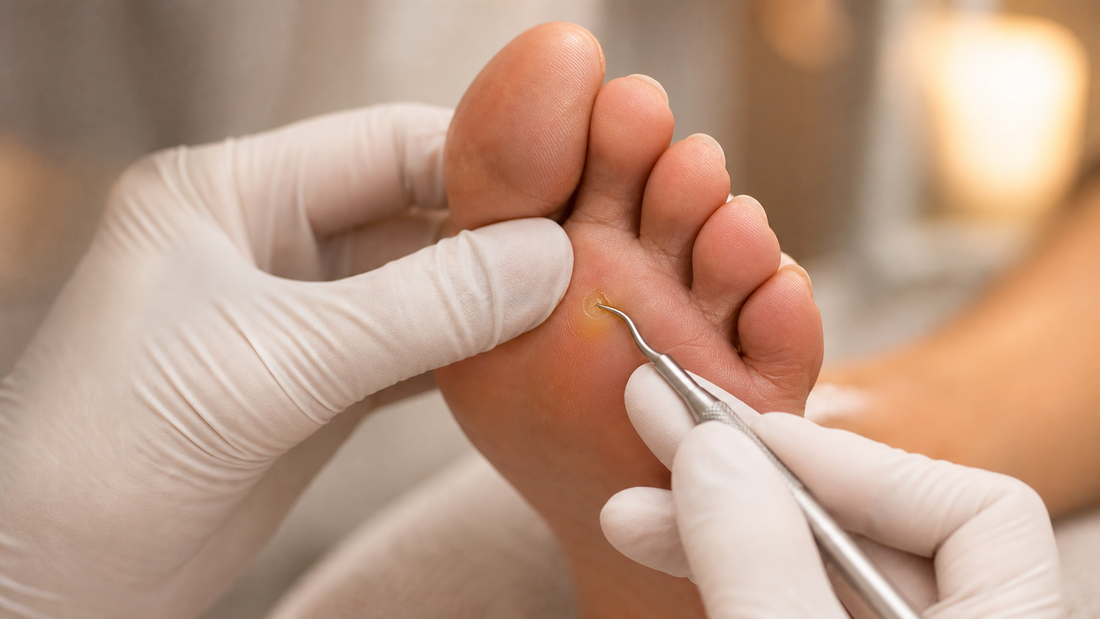 Podiatrist carefully treating an intact corn with a sterile instrument