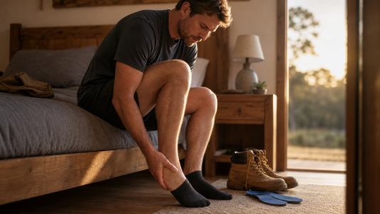 Worker holding a sore heel during the first steps of the morning