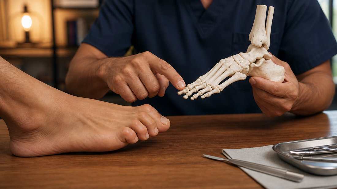 Podiatrist using a foot model to explain pressure under curled toes