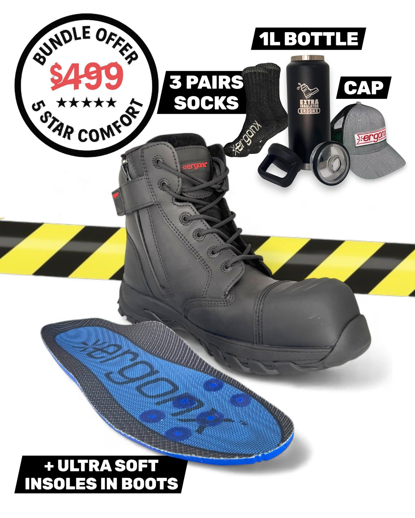 Comfort Bundle - Black Lace Up + 3 pairs socks + 1L Bottle & Cap