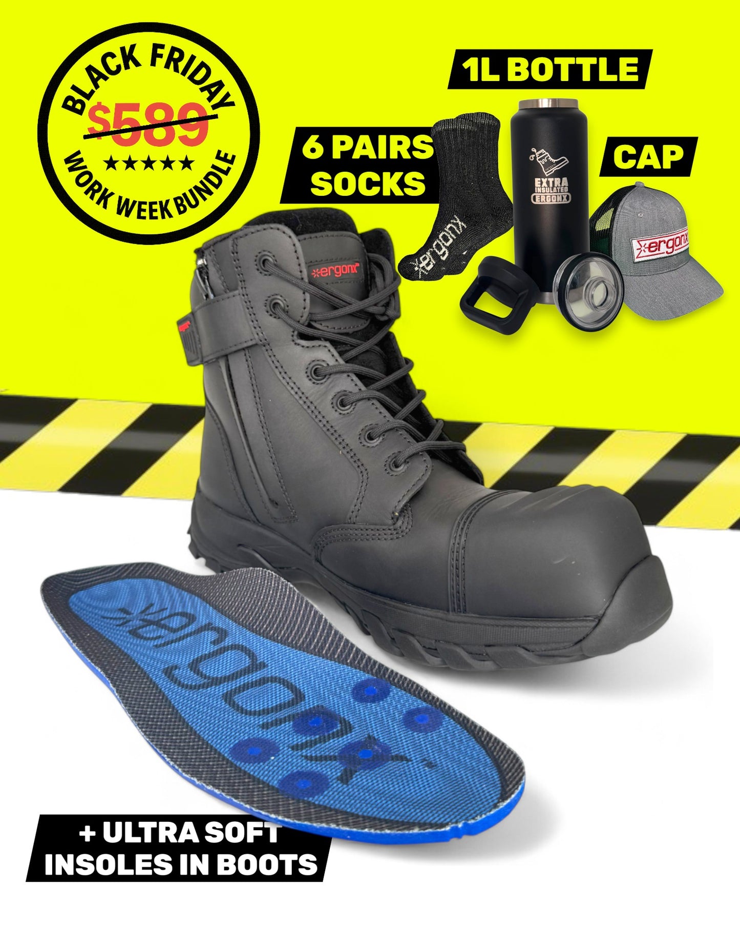 Ergonx Black Lace Up Safety Boots + 6 Socks + 1L Bottle & Cap Bundle