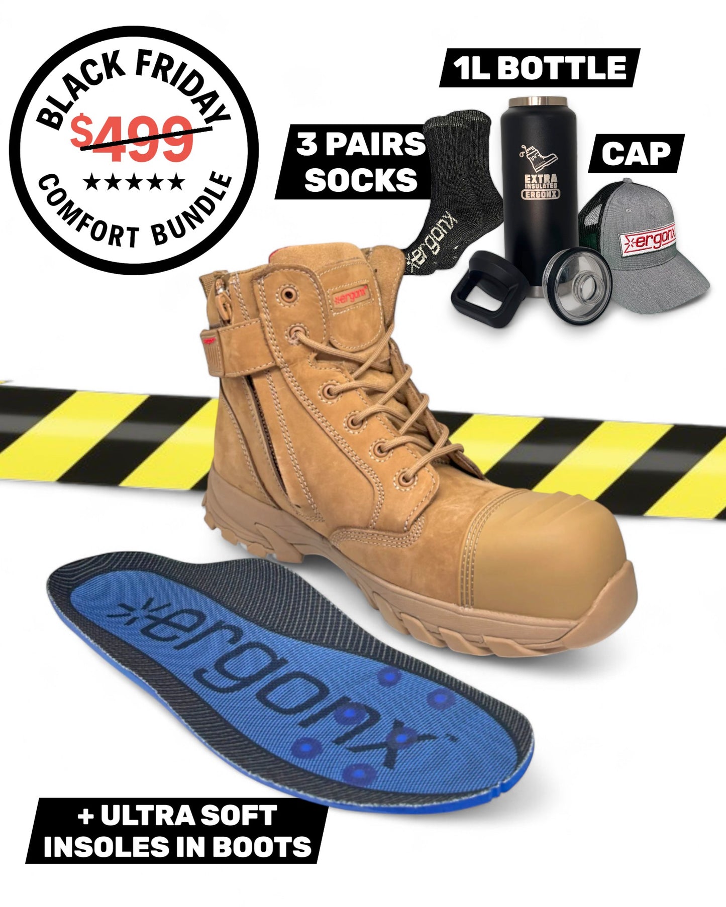 Comfort Bundle - All Tan Lace Up + 3 pairs socks + 1L Bottle & Cap