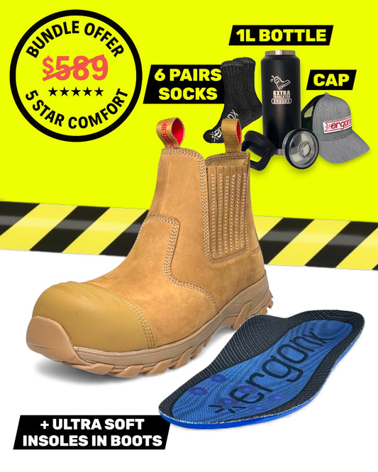 Ergonx All Tan Slip On Safety Boots + 6 Socks + 1L Bottle & Cap Bundle