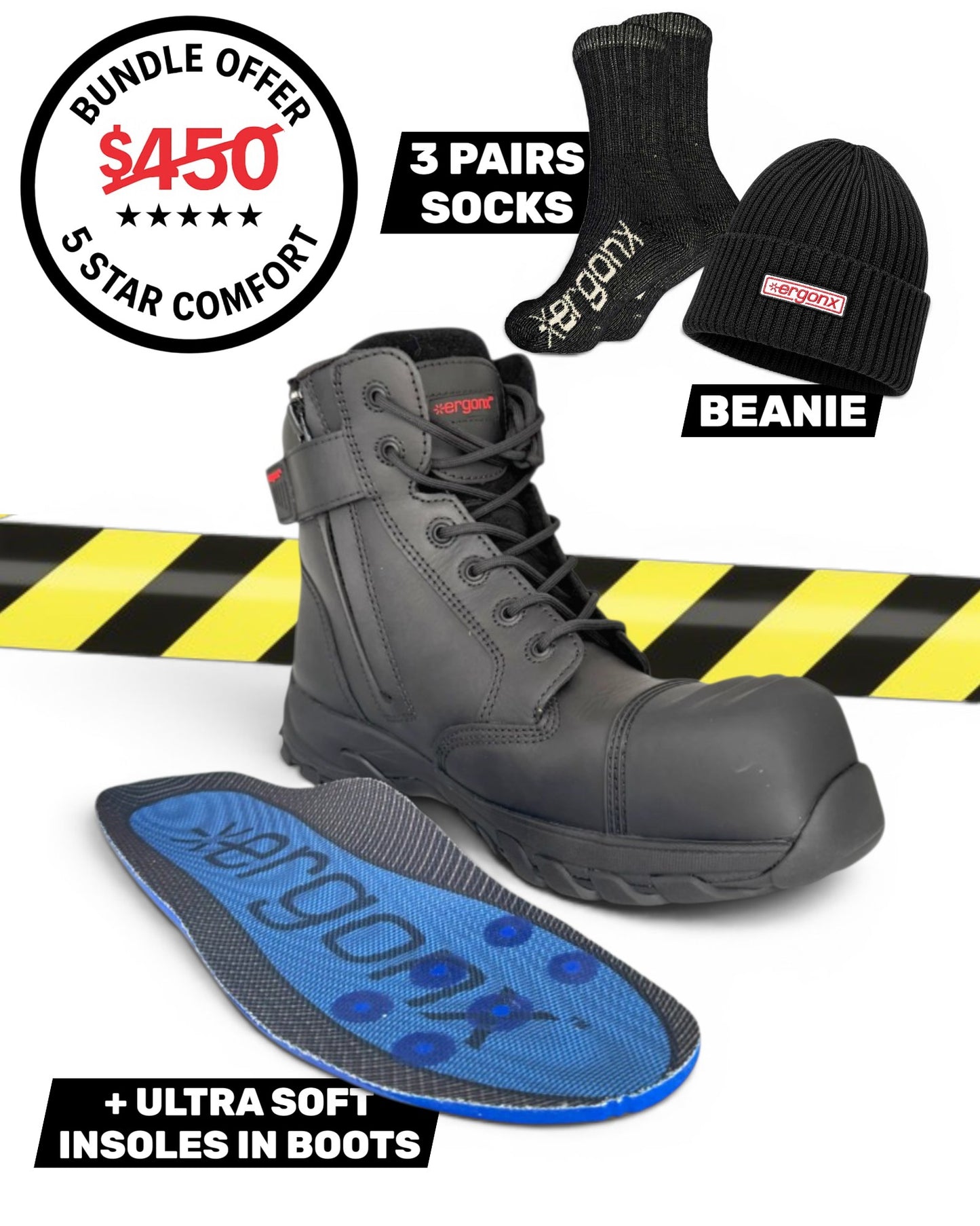 Comfort Bundle - Black Lace Up + 3 pairs socks + Beanie