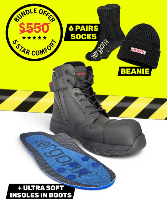 Ergonx Black Lace Up Safety Boots + 6 Socks + Beanie & Cooler