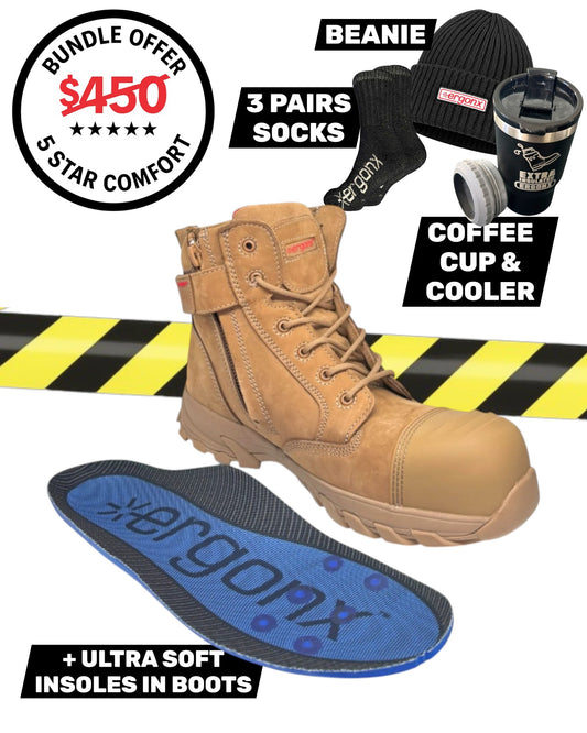 Comfort Bundle - All Tan Lace Up + 3 pairs socks + Beanie + Coffee Cup & Cooler