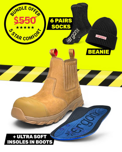 Ergonx All Tan Slip On Safety Boots + 6 Socks + Beanie Bundle
