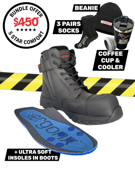 Comfort Bundle - Black Lace Up + 3 pairs socks + Beanie + Coffee Cup & Cooler