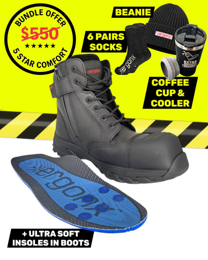 Ergonx Black Lace Up Safety Boots + 6 Socks + Beanie + Coffee Cup & Cooler