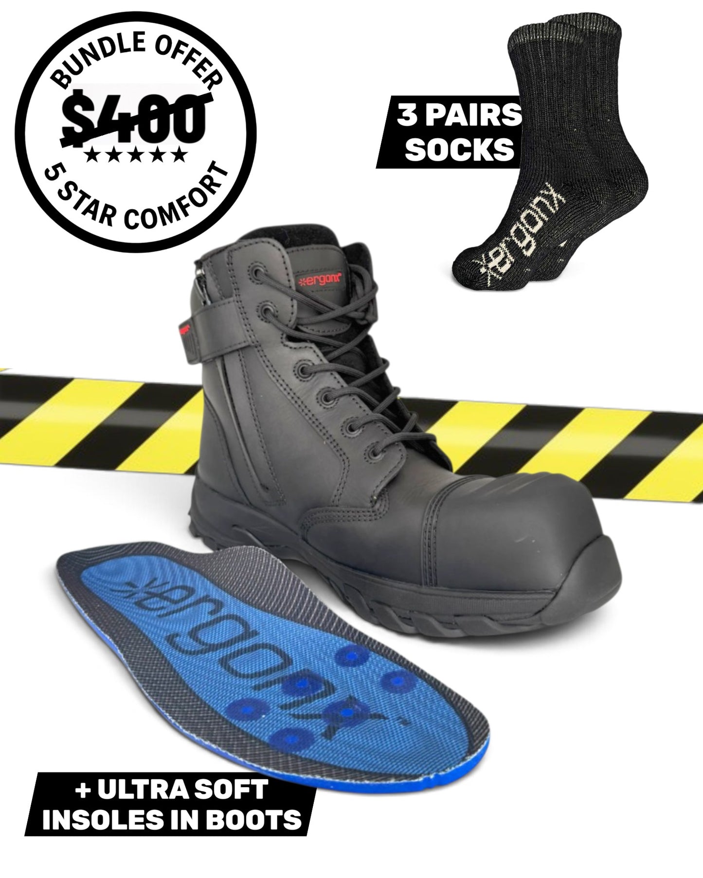 Comfort Bundle - Black Lace Up + 3 Pairs of Socks