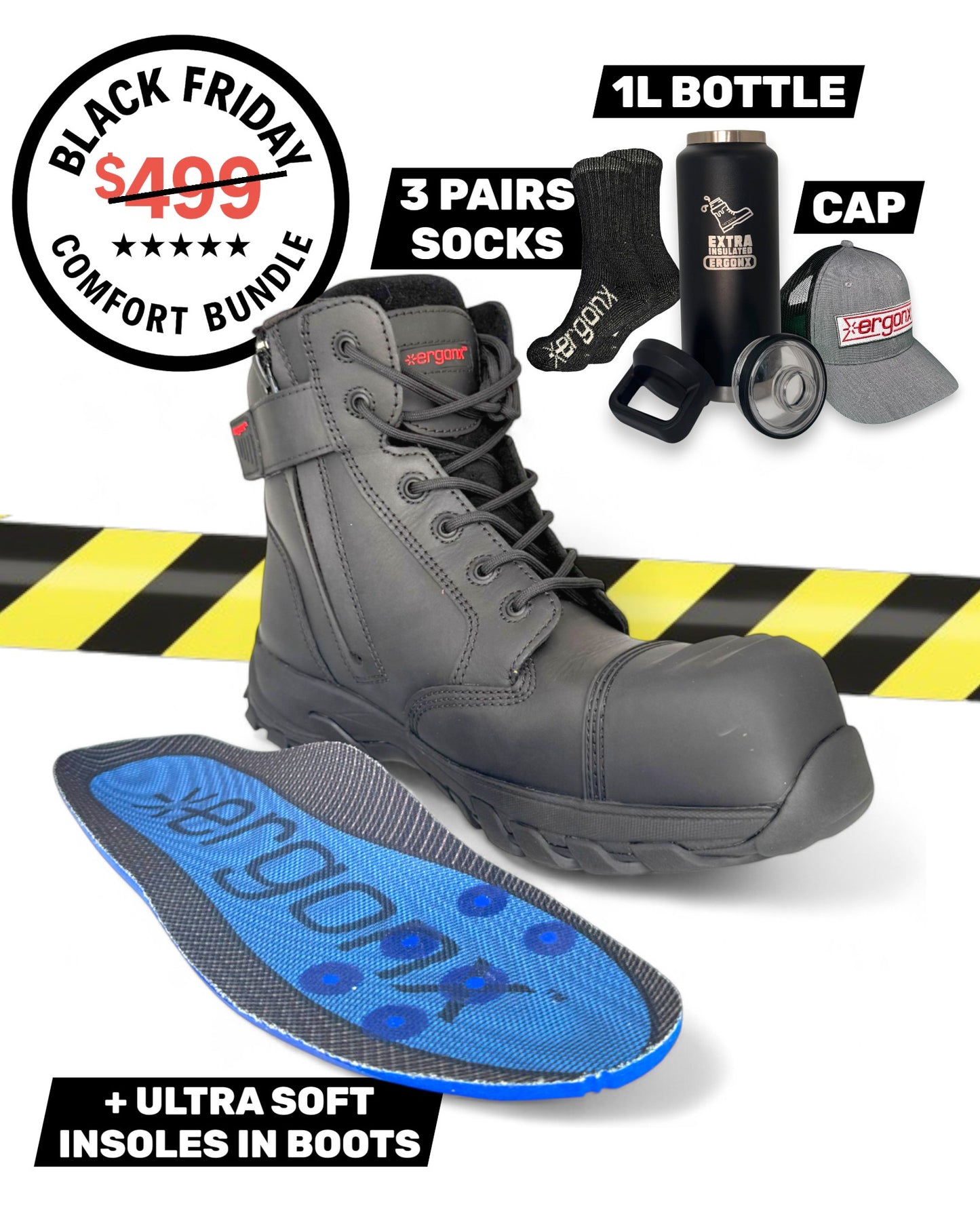 Comfort Bundle - Black Lace Up + 3 pairs socks + 1L Bottle & Cap