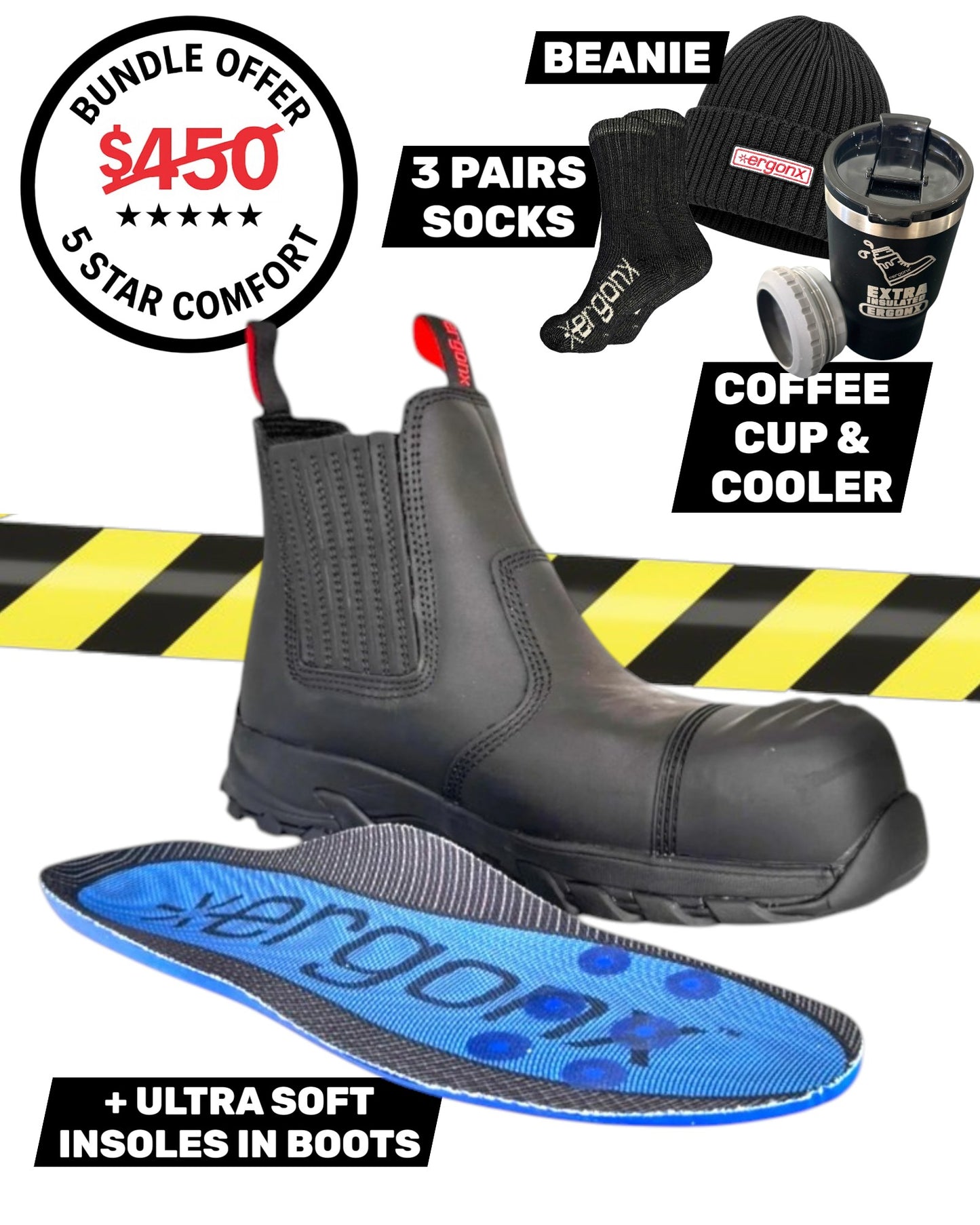 Comfort Bundle - Black Slip On + 3 pairs socks + Beanie + Coffee Cup & Cooler