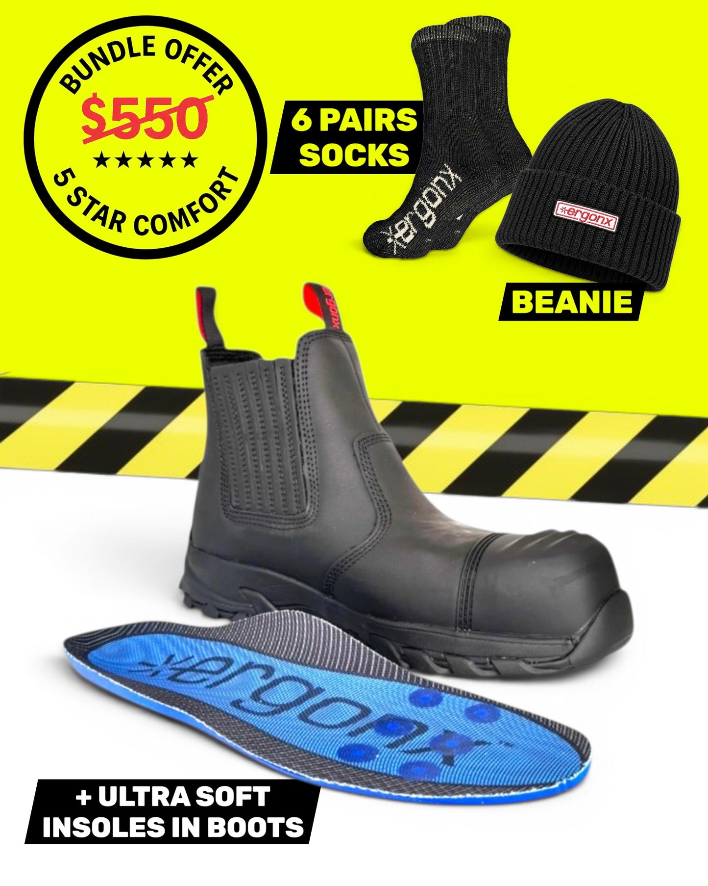 Ergonx Black Slip On Safety Boots + 6 Socks + Beanie