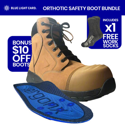 Blue Light Card Tan Toe Lace Up Safety Boots + Socks Bundle