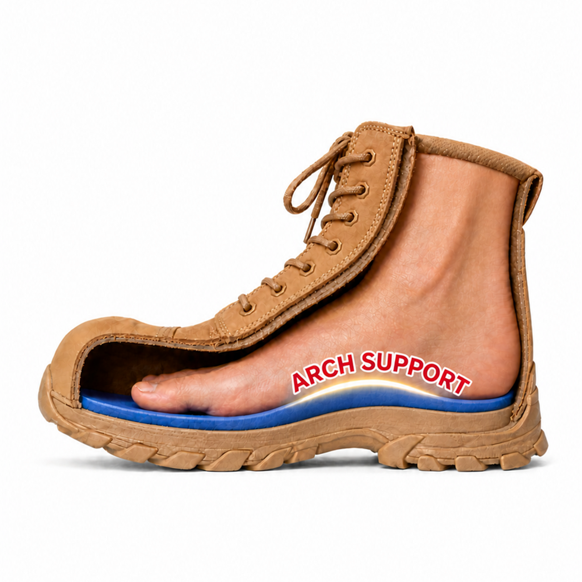 Helium All Tan work boot cutaway showing the blue orthotic supporting the arch inside the boot
