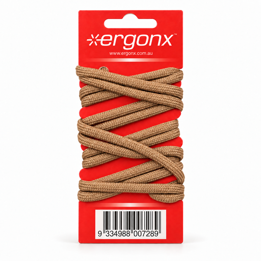 Ergonx tan work boot laces in retail packaging