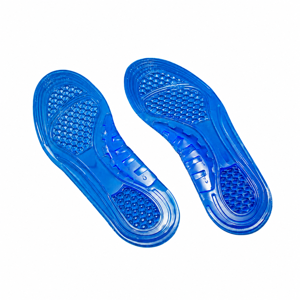 Pair of blue Foot Pillow gel insoles, fully visible on a white background
