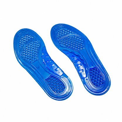 Pair of blue Foot Pillow gel insoles, fully visible on a white background