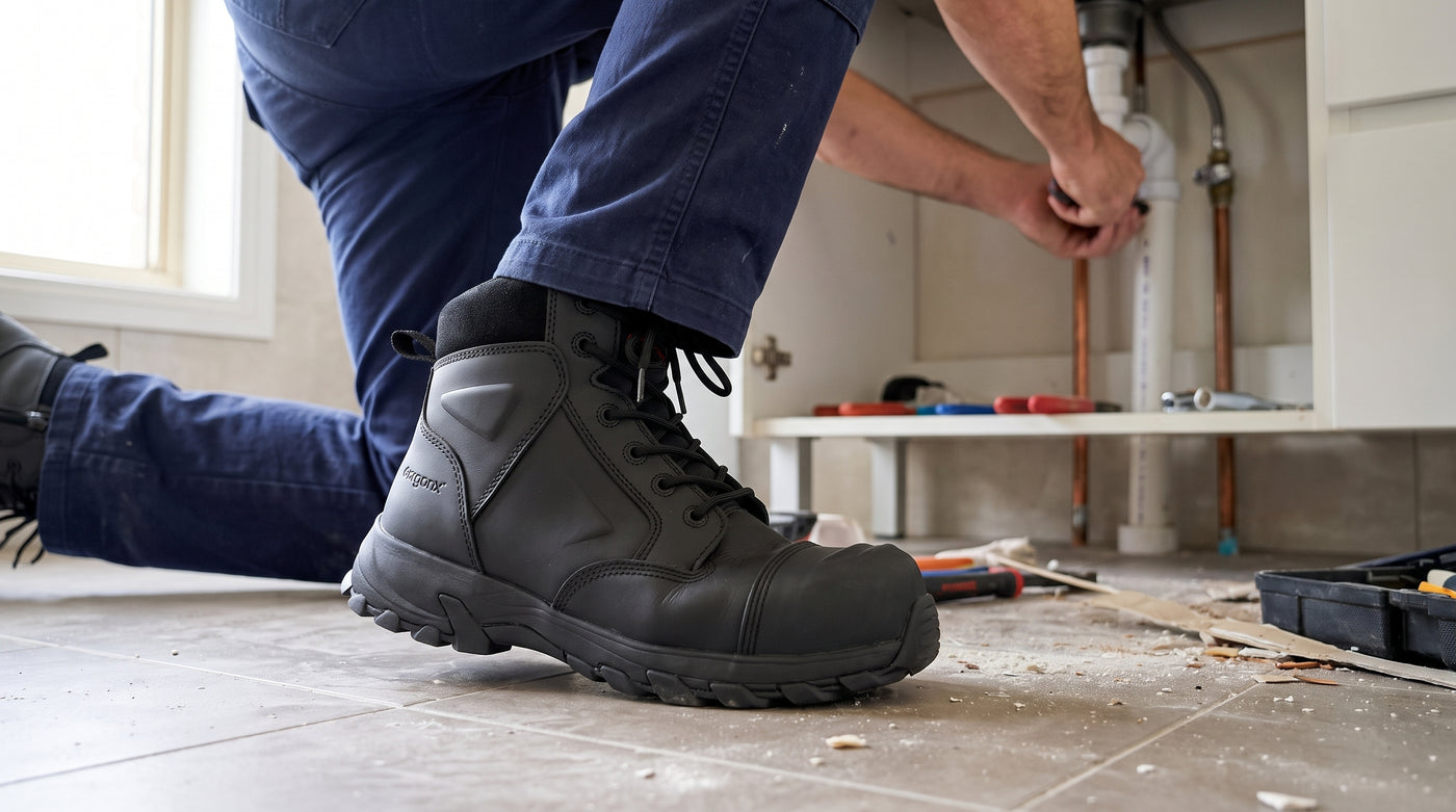 Plumber kneeling with Helium Black boots flexing at the toes