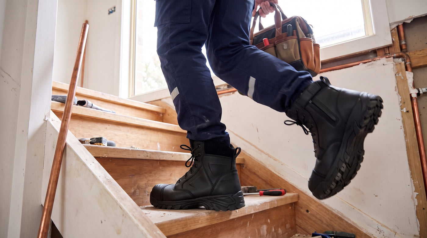 Plumber walking upstairs in lightweight Helium Black boots