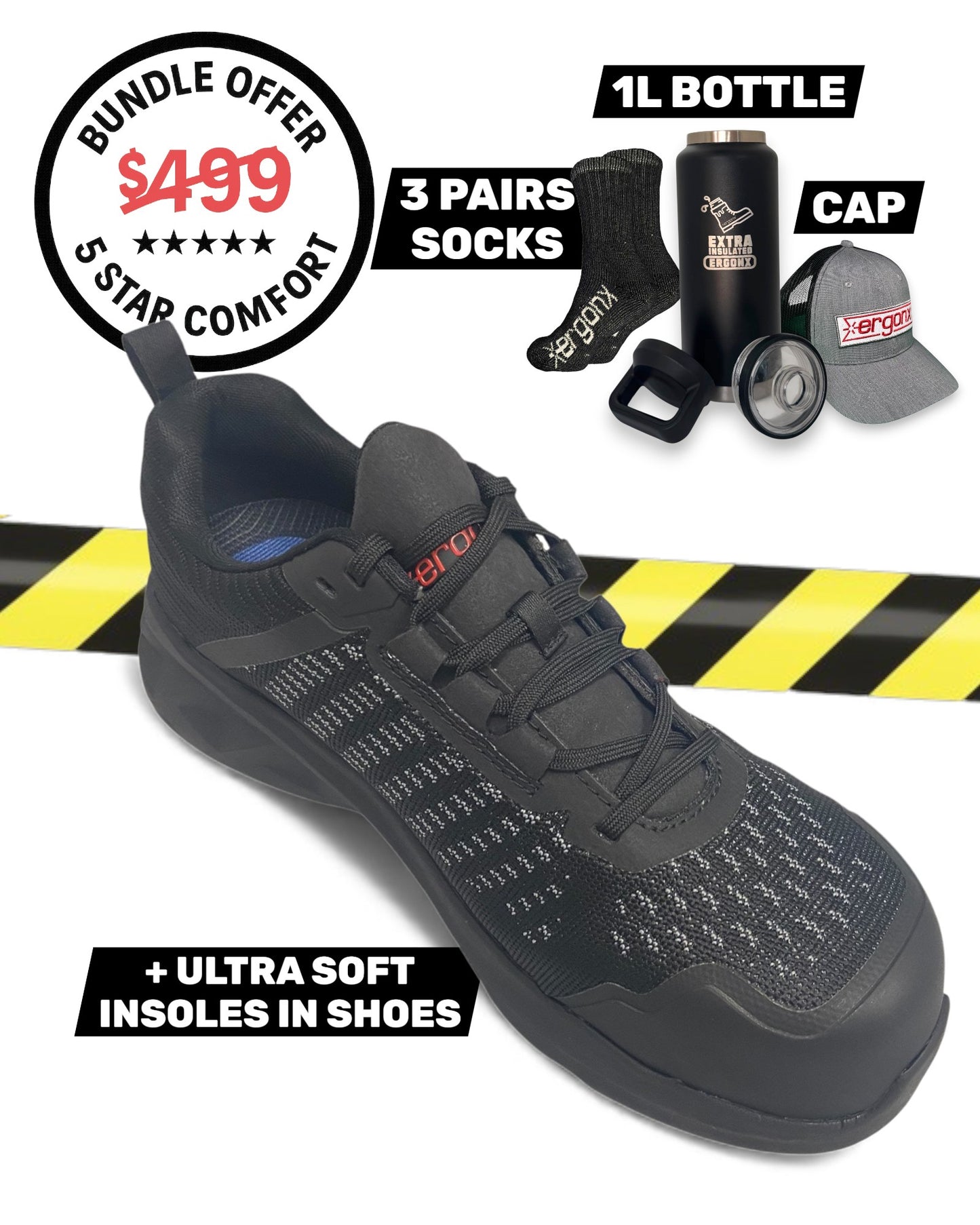 Comfort Bundle - Safety Work Shoe + 3 Pairs Socks + 1L Bottle + Cap