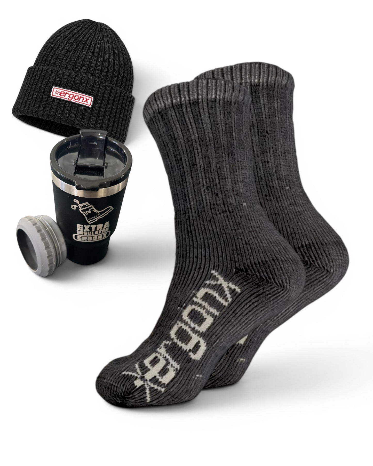 Work Socks + Beanie + Coffee Mug & Can Cooler Bundle