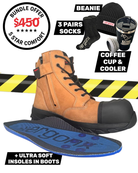 Comfort Bundle - Tan & Black Cap Lace Up + 3 pairs socks + Beanie + Coffee Cup & Cooler