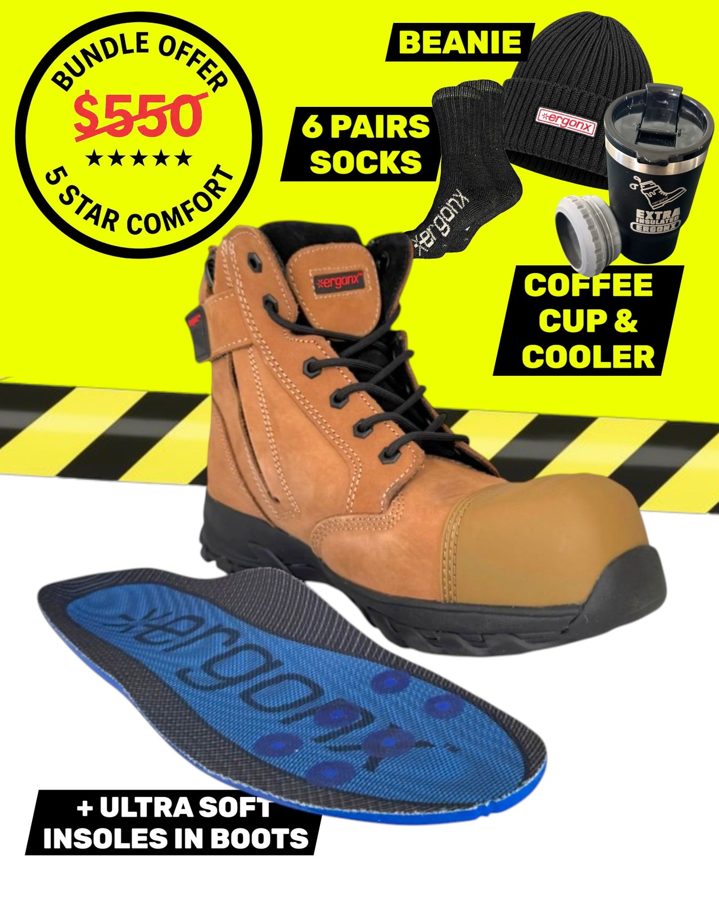 Ergonx Tan Toe Lace Up Safety Boots + 6 Socks + Beanie + Coffee Cup & Cooler