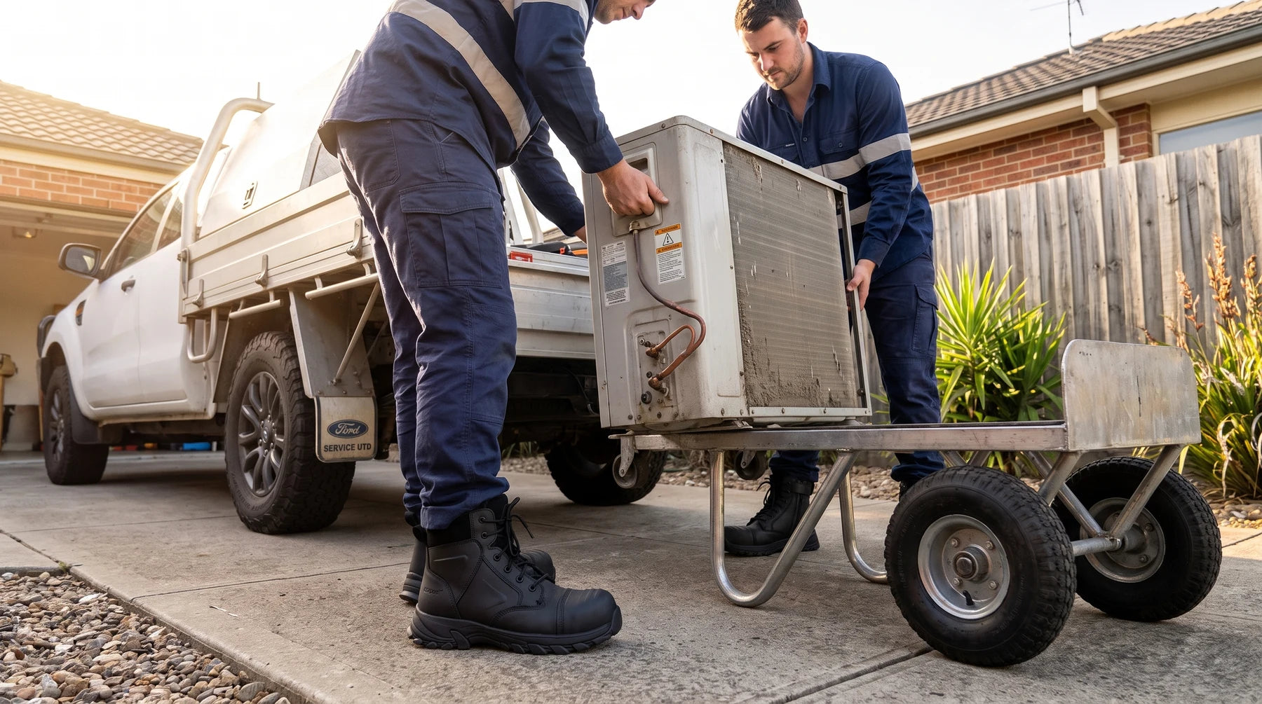 Helium Black boots worn while moving equipment onto a trolley