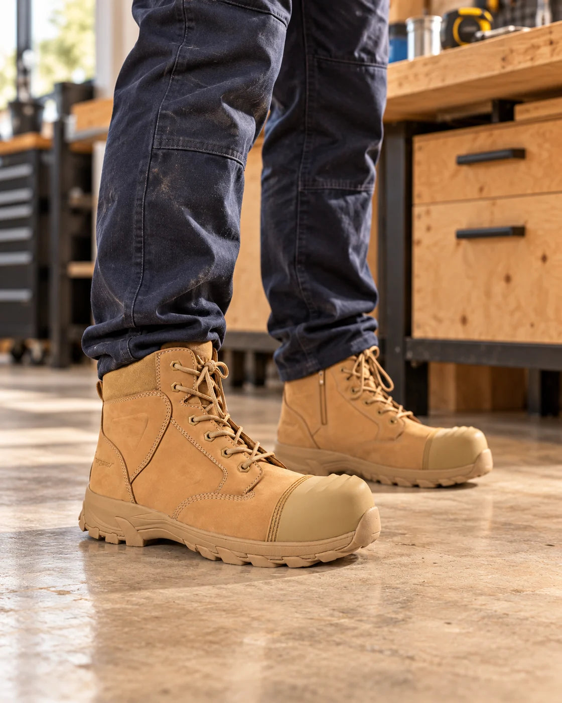 Worker wearing Helium All Tan boots at a workshop production bench